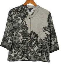 Citron Oriental Love Silk Blend Blouse Lace Like Print Black Gray 3/4 Slv Size S