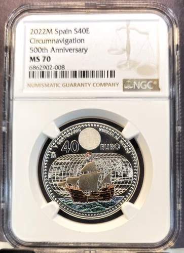 2022 SPAIN SILVER 40 EURO WORLD CIRCUMNAVIGATION ANNIVERSARY NGC MS 70 RARE