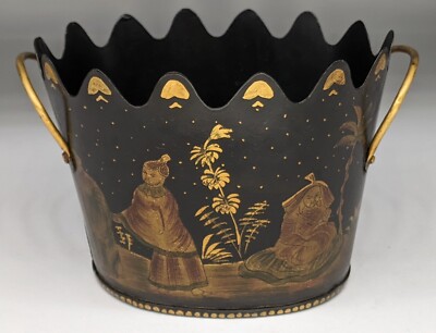 Vintage CHINOISERIE BLACK & GOLD Tole Monteith Cachepot Planter | eBay