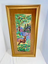 Vintage Stag Deer In The Forest Framed Needlepoint Brown Velvet 25" X 12"