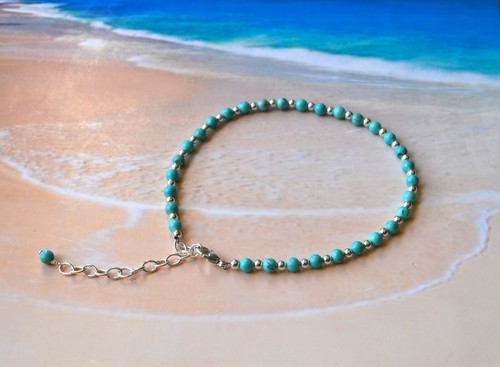 4mm Turquoise Bead and 3mm Sterling Silver Bead Ankle Bracelet 9 to 11 Inches - Picture 10 of 12