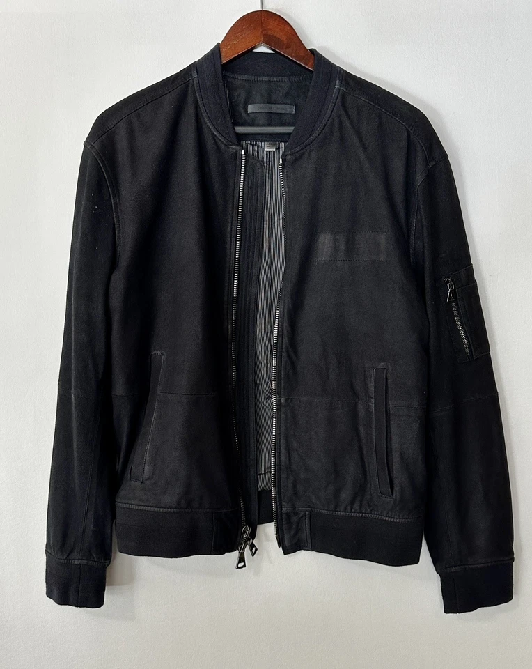 #215 Colección John Varvatos Fácil Ajuste Piel de Cabra Gamuza Doble Cremallera Bombardero Talla S Foto 2 de 4