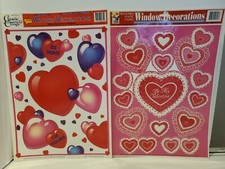 Vintage Valentine Window Clings Made In USA Hearts Pink & Purple 1990s Set 2