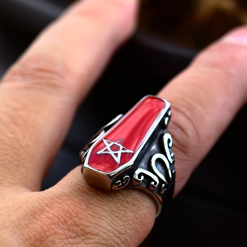 Red Enamel Satan Star Vampire Coffin Ring Stainless Steel Vintage Biker Men Ring - Picture 5 of 5