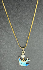 vtg Sarah Coventry Blue Bird of Happiness 18" Necklace Goldtone Chain Faux Pearl