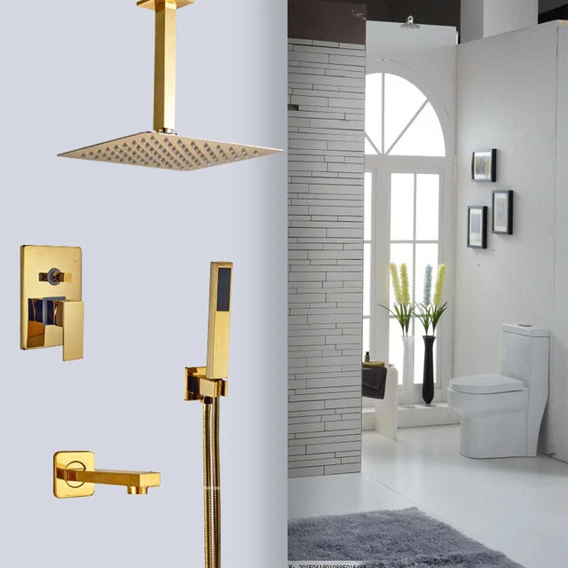 Ceiling Gold 8" Rain Shower Head 3-Way Mixer Valve Hand Spray Tub Spout Tap Set