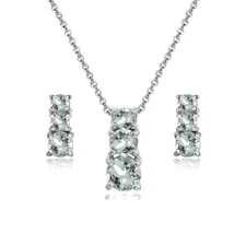 Round Three Stone Light Aquamarine Sterling Silver Stud Earrings & Necklace Set