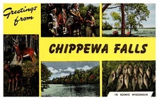 Chippewa Falls WI Wisconsin Greetings Multi-View Posted 1952 Linen Postcard