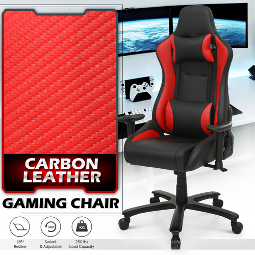 Red Leather[CARBON FIBER FABRIC]Ergonomic Game Racing Chair Swivel Computer Seat - Picture 1 of 14