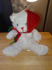 White Christmas Bear Plush 9" Red Santa Hat and Scarf