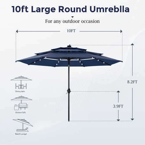 10ft Patio Umbrella with LED Light 3-Tier Outdoor Umbrella Market Beach Umbrella - Picture 9 of 61