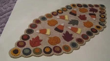 Primitive Wool Applique Fall Autumn Candy Corn Long Penny Rug Table Mat Runner