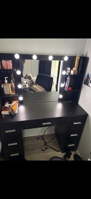 Black Matte Vanity Table with Lighted Mirror, 7 Drawers, 4 Shelves