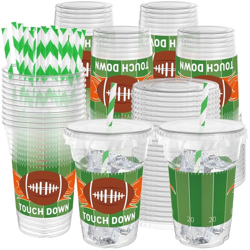 50 Pcs Football Plastic Cups, 12 Oz Football Disposable Cups with Straws and ...