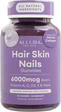 Allura Hair Skin Nails 60 Gummies USA Made Vitamin A C D3 E Marine Collagen