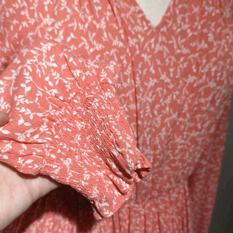 M&S UK 14 Long Midi Dress Coral Pink Floral Long Sleeve V-neck Tiered Pretty  - Image 4 of 4