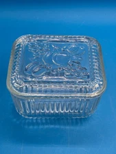 Federal Glass Ribbed Refrigerator Dish w Embossed Fruits 5"x 4.5"W, 3.5"H