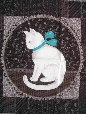 Cranston Cotton Fabric Pillow Panel White Cat w/ Teal Bow Brown Patchwork 17''