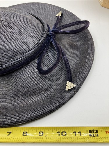Vintage 40s pancake cartwheel flat crown straw hat tilt Navy - Picture 4 of 7