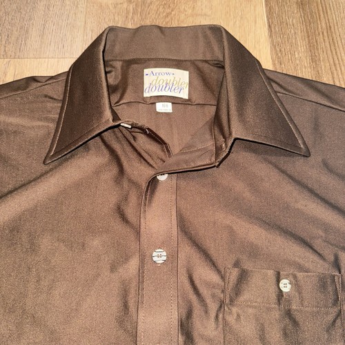 Vtg 60s 70s Arrow Doubler Shirt Disco Qiana Nylon Shiny Brown Large Mens 16.5 35 - Picture 9 of 16