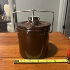 Vintage Dark Brown Stoneware Cheese Crock with Wire Bail Closure Lock