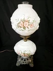 Vintage Puffy Roses Pink Flowers GWTW  Milk Glass Parlor Banquet Lamp - 21-1/2"