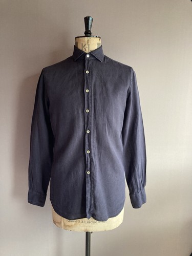 Camicia Cavour Uomo Taglia 15 Navy 100% Lino Manica Lunga