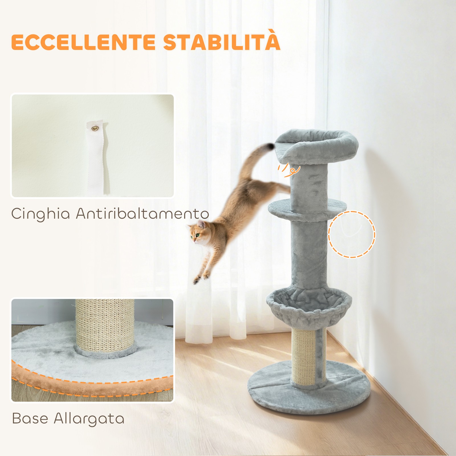 Albero Tiragraffi per Gatti Alto 103.5 cm con Lettino e Amaca, Rivestimento in P foto 6