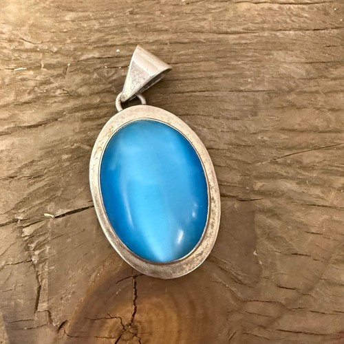 Vintage KIM Mexico 925 Sterling Silver Blue Chalcedony Oval Cabochon Pendant
