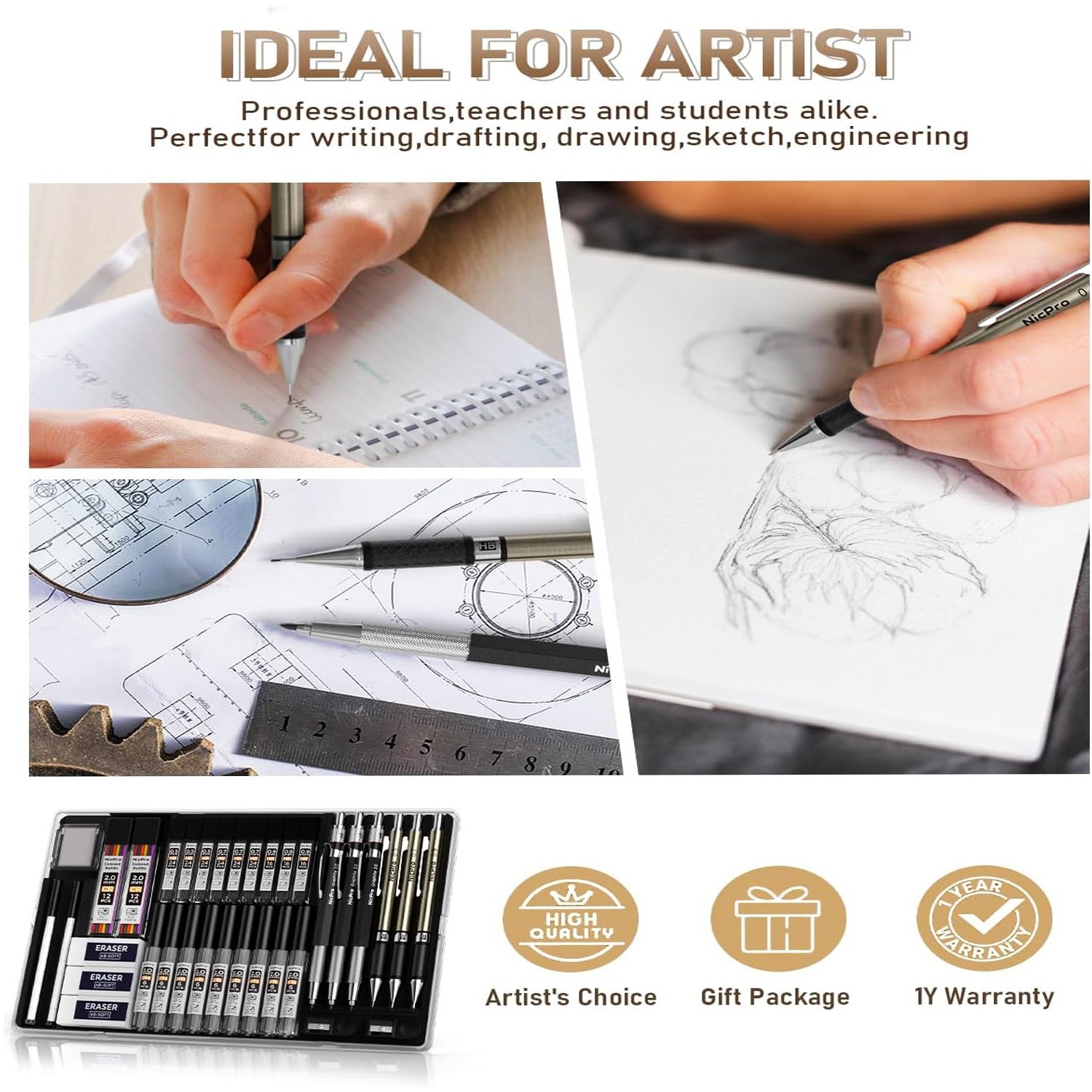 35PCS Art Mechanical Pencils Set, 3 PCS Metal Drafting Pencil 0.5 mm & 0.7 mm &