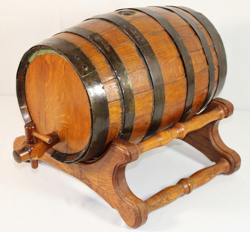 Vintage Metal Banded Oak Wine Whiskey Barrel Keg Cask Stand Spigot Bung Wooden