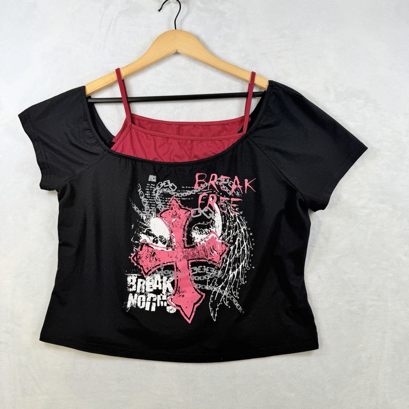 Y2K Gothic Cross Graphic T-Shirt Black Red Love Again Grunge Aesthetic Top L/XL