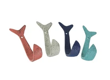 Set of 4 Coastal Beach Colored Cast Iron Flipping Fish Decorative Wall Hooks