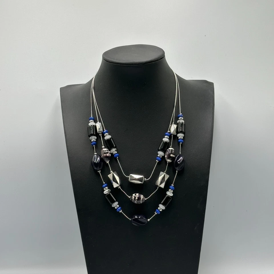 "Collar colección NY multi hilos tono plata negro azul cuentas en capas 20""" Foto 3 de 4