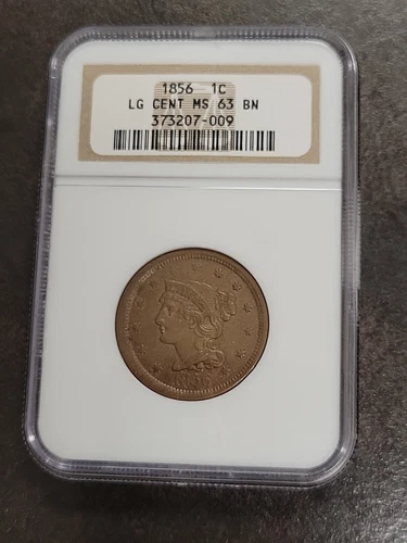 1856 SLANTED 5 Coronet, Braided Hair Large Cent 1C NGC MS63BN Off-Center