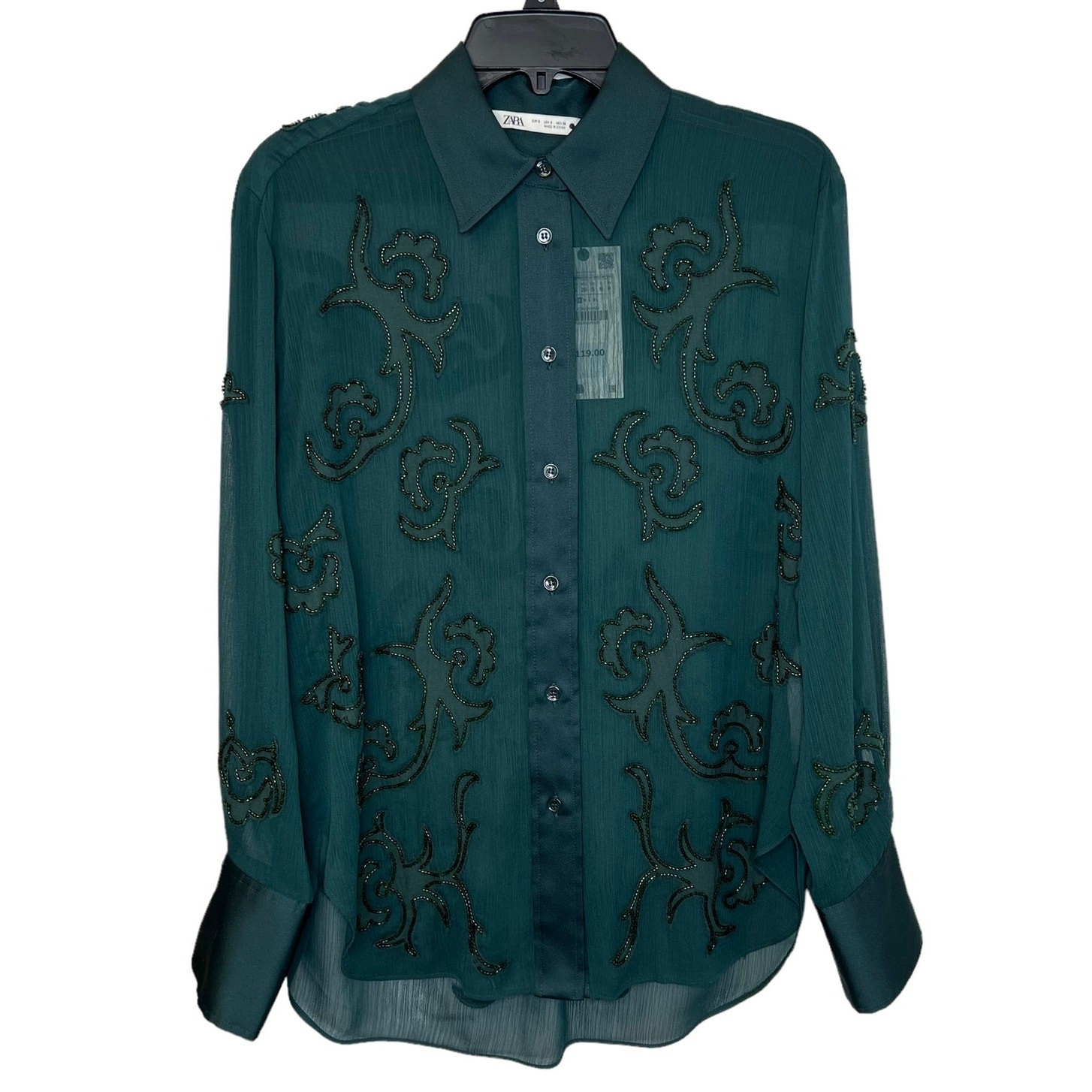 Zara Womens Semi Sheer Beaded Embroidered Blouse Size S Dark Green Button Up