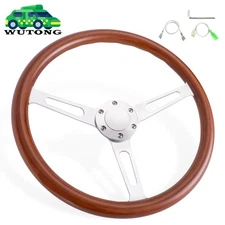 🔥380mm 15" Chrome Dark Steering Wheel Real Wood Stainless Steel Spoke w/ Horn🔥