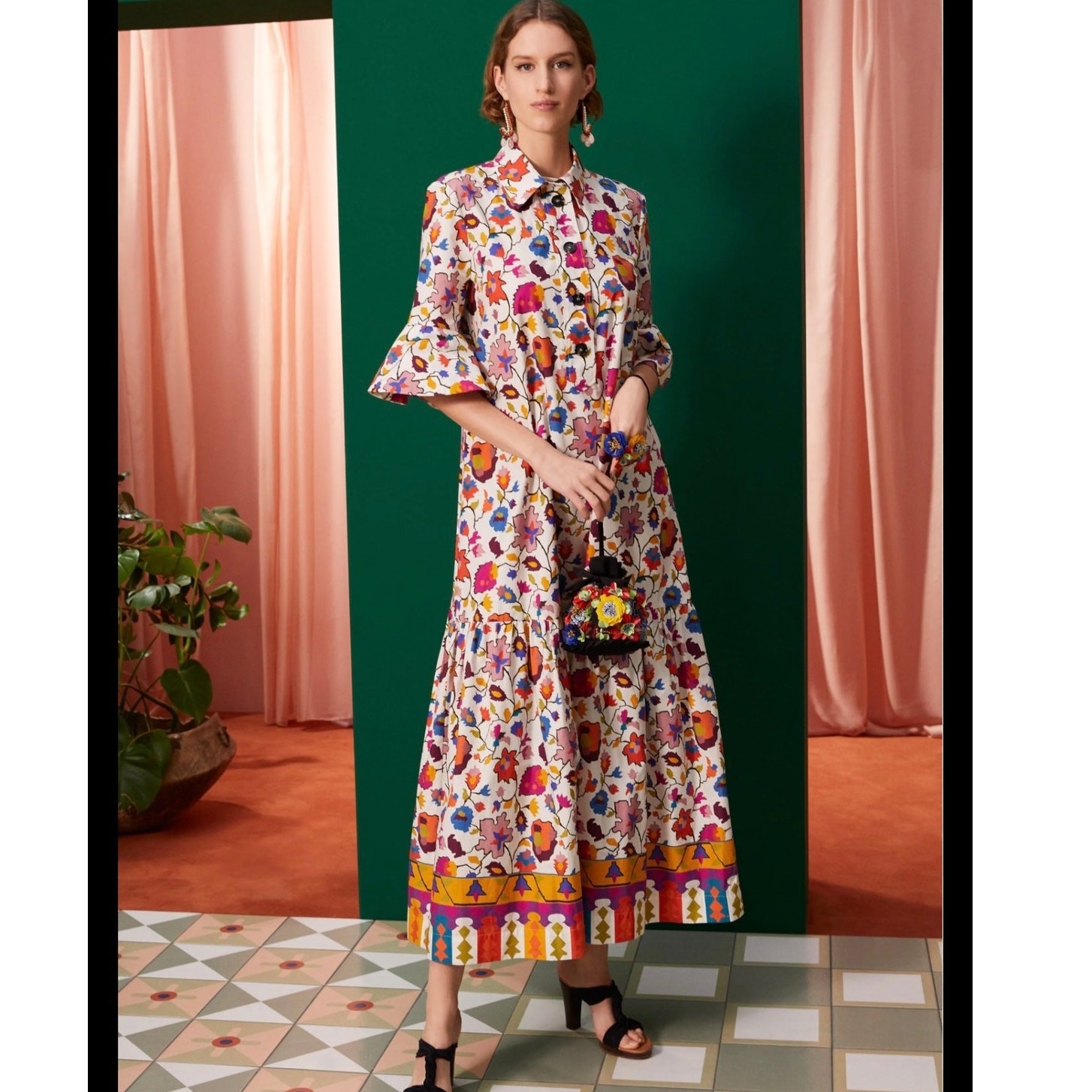 LA DOUBLE J. Artemis 100% Cotton Flutter Sleeve Floral Printed Midi Dress Medium