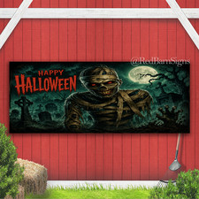 Happy Halloween Mummy Scary Graveyard Indoor Outdoor Banner Sign with grommets
