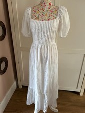 White Textured Cotton Tiered Midi Dress Pleated Puff Sleeve Size 14 Milkmaid