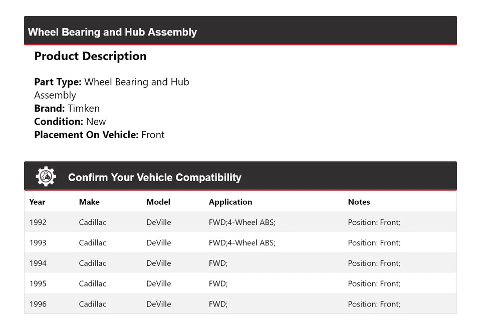 Conjunto de cojinete de rueda y buje delantero Timken para Cadillac DeVille 1992-1996 tracción delantera Foto 2 de 4