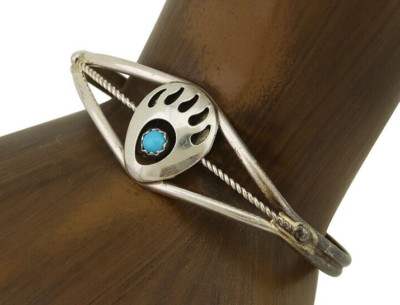 Navajo Paw Bracelet 925 Silver Blue Turquoise Native American Artist C.80's