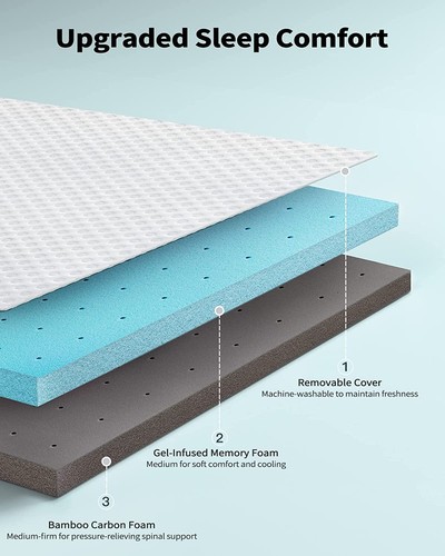 4 Inch Gel Bamboo Memory Foam Mattress Topper Reversible Removable Zipper Cover - Picture 5 of 8