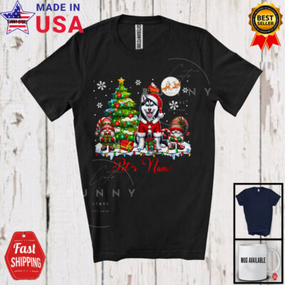 #ad #ad Custom Name Santa Husky With Gnome Lovely X mas Tree Snow Around T Shirt $13.45