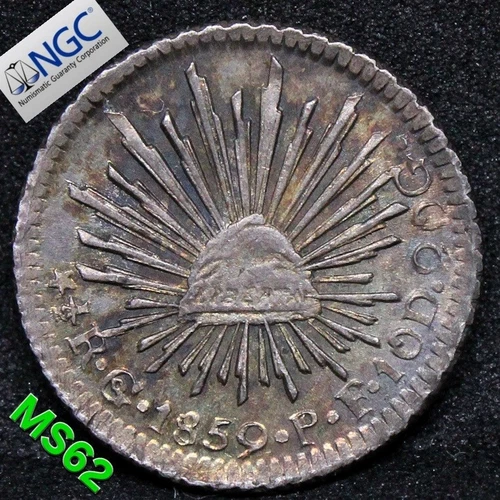 1859 GO-PF MEXICO 1/2R .NGC MS 62, Sole Graded TOP POP
