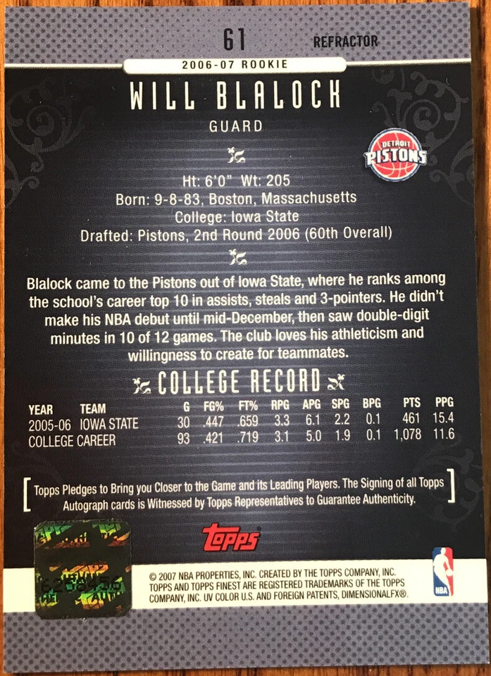 2006-07 Topps Finest Rookie Autographs Refractors Will Blalock #61 - Image 2 of 2