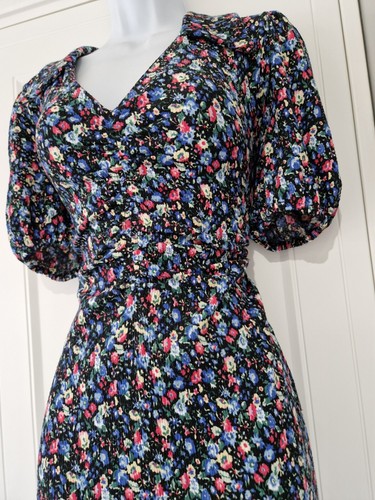 Womens Monsoon Blue Floral Ditsy Crinkle Puff Sleeves Ruched Midi Tea Dress M. - Picture 7 of 12
