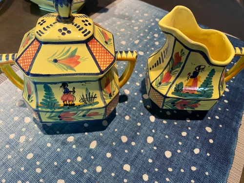 HB Henriot Quimper Creamer & Sugar Bowl Lid Soleil Yellow Vintage Pottery France
