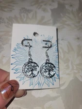 Crystal Silvertone Dangle/Drop Moon Slice Incasing Tree Of Life