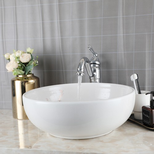 Bathroom White Ceramic Sink Round Chrome Single Handle&Hole Deck Mount Mixer Tap - Picture 11 of 15